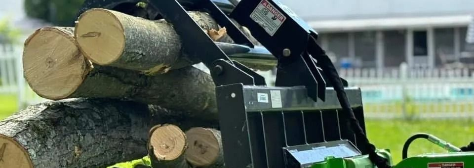 A log grapple holding several cut logs against a blurred background.