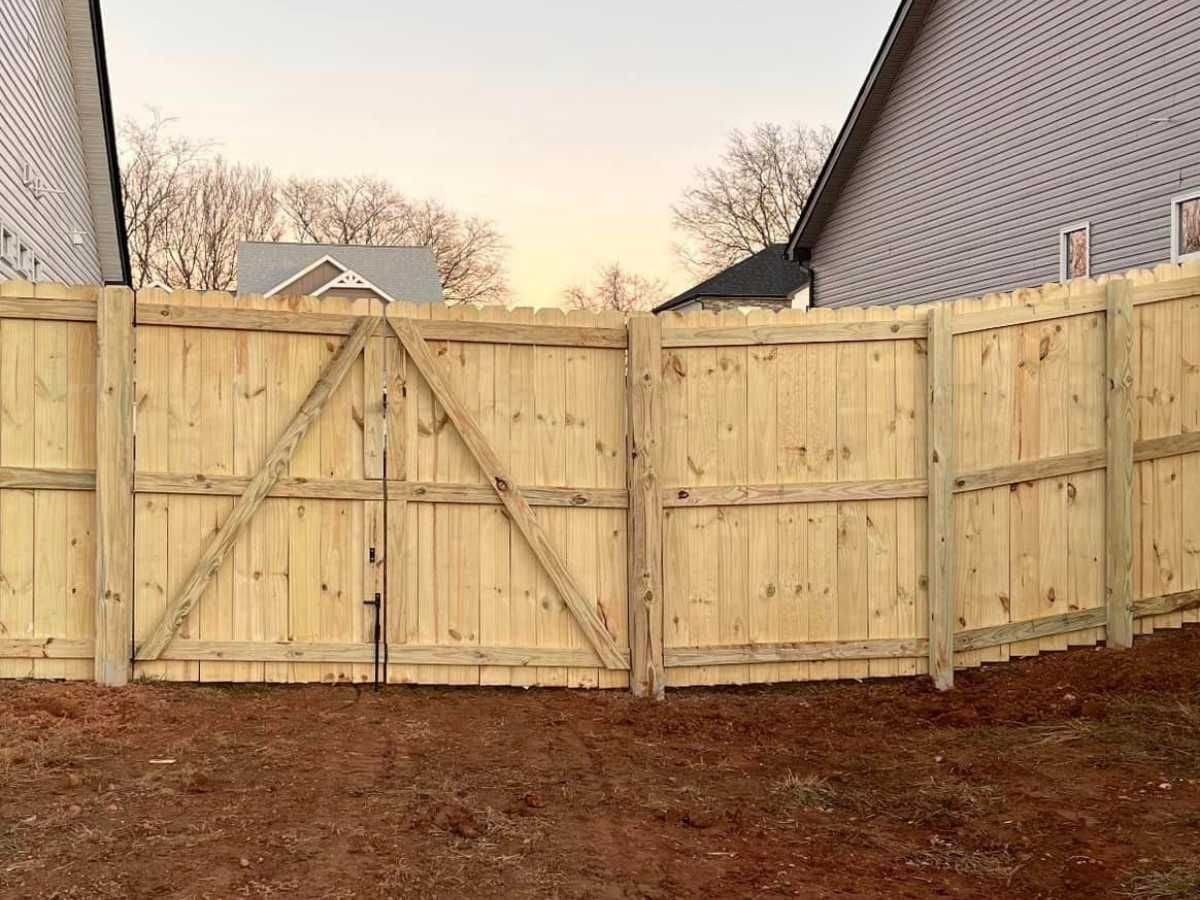 Wooden fence with gate, set between two houses, by Allen's Tree and Fence.