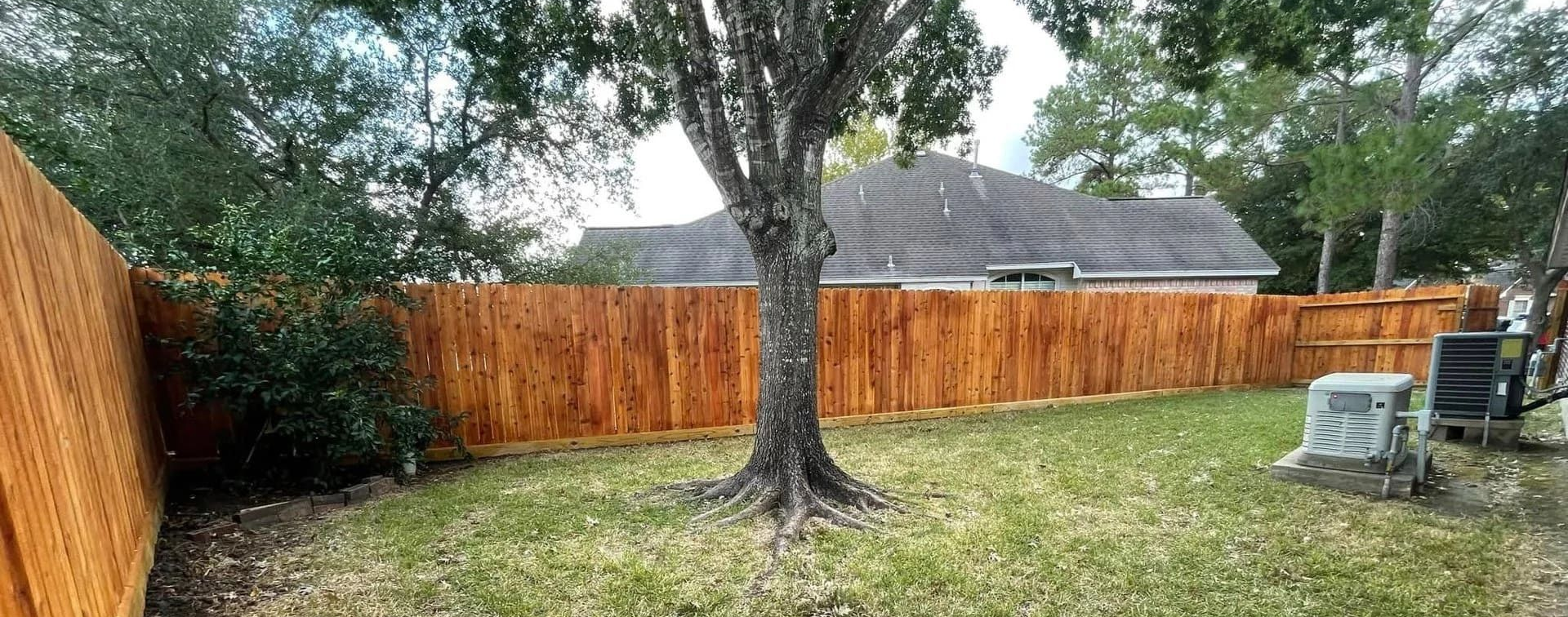 A backyard with a wooden fence, a tree, and a grassy lawn.