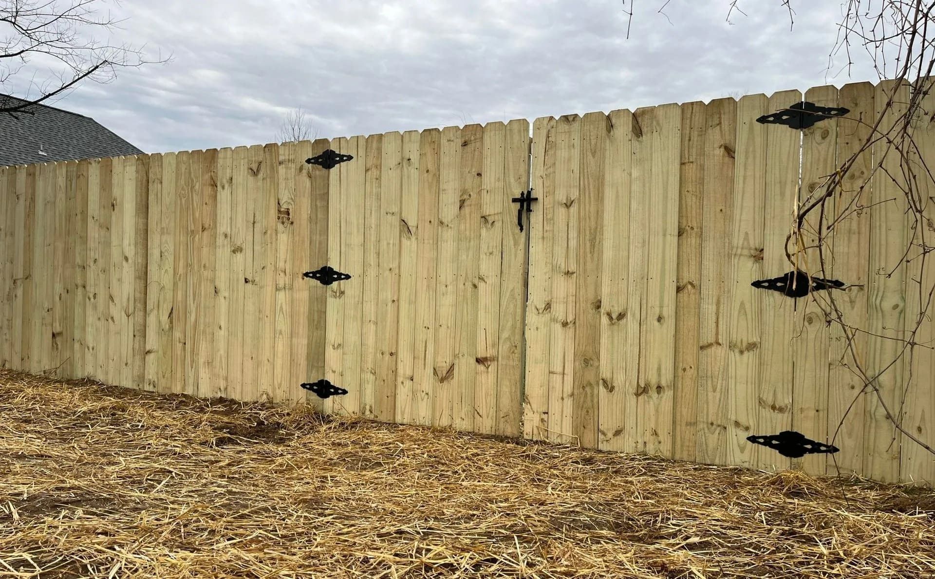 Wooden fence with black decorative hinges against a cloudy sky.