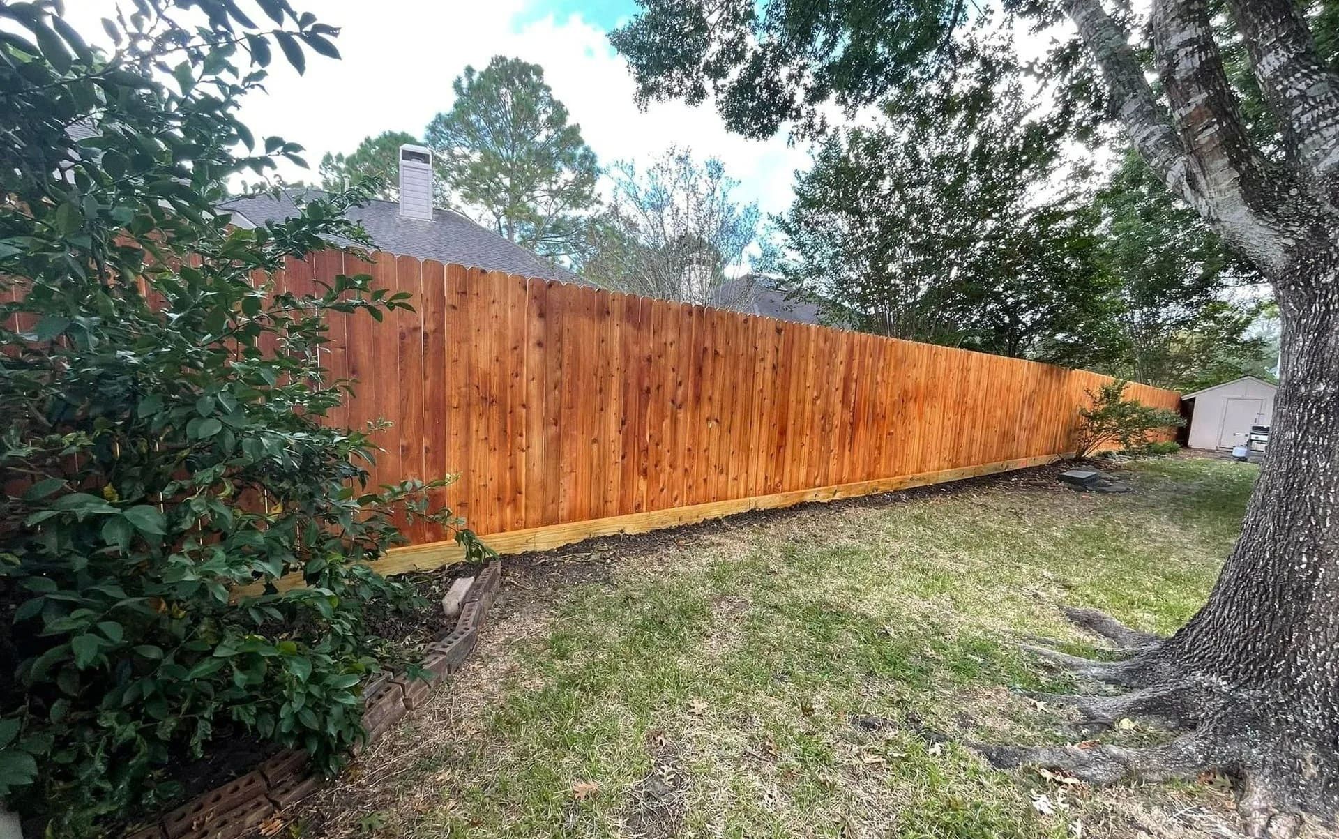 Wooden fence in a grassy yard, with a large tree on the right and bushes on the left.