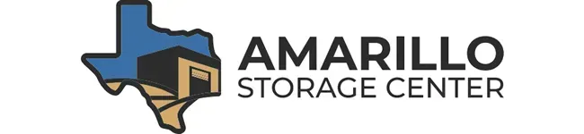 Logo for Amarillo Storage Center featuring a blue map of Texas with a tan building icon inside.