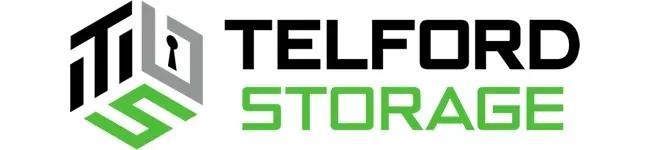 The Telford Storage logo features an isometric cube icon composed of black, gray, and green shapes next to black text.