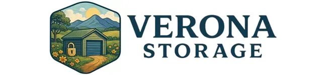 Logo for Verona Storage featuring a hexagonal illustration of a rural landscape with a storage unit and text.