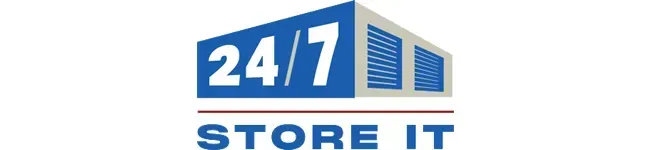 Logo for 24/7 Store It featuring blue and white text with an icon of two storage units with blue roll-up doors.