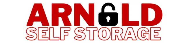 Logo for Arnold Self Storage featuring red text with a black padlock icon replacing the letter O.