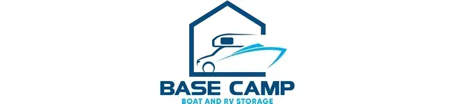 Logo for Base Camp Boat and RV Storage featuring a dark blue house outline containing a boat and RV silhouette.