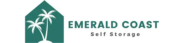 Logo for Emerald Coast Self Storage featuring two palm trees inside a teal house-shaped outline.