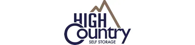 Logo for High Country Self Storage featuring stylized mountain peaks in brown above blue text.