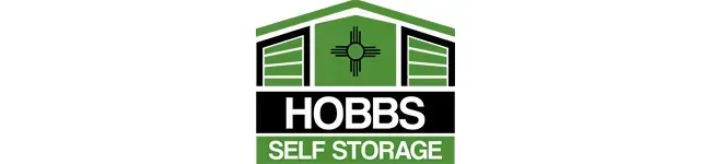 Logo for Hobbs Self Storage featuring a green building icon with a Zia symbol above the business name in black and white.