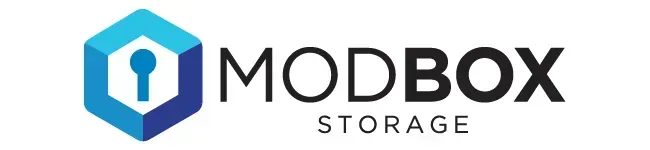 The Modbox Storage logo, featuring a blue hexagonal icon with a central keyhole symbol next to the company name.
