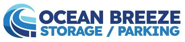 Logo for Ocean Breeze Storage / Parking, featuring a blue wave icon next to the business name in dark and light blue text.
