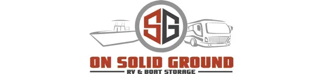 Logo for On Solid Ground RV & Boat Storage featuring an SG icon flanked by a boat and an RV in a circular frame.