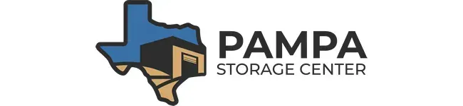 Logo for Pampa Storage Center featuring the state of Texas outline in blue and tan with a stylized storage unit building.