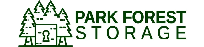 Logo for Park Forest Storage featuring green text and an icon of a square storage unit with a keyhole nestled among trees.