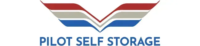 Logo for Pilot Self Storage featuring stylized red, grey, and blue wings above the company name.