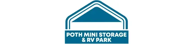 Logo for Poth Mini Storage & RV Park featuring a dark blue house outline icon above the business name.