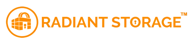 Logo for Radiant Storage, featuring a yellow lock icon made of storage units beside the text in a matching color.