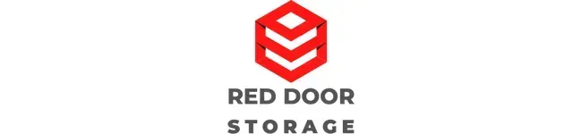 Red logo of a stylized geometric door above the text 