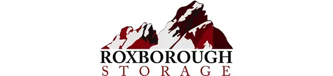 Logo for Roxborough Storage featuring a stylized mountain range in dark red and white above the company name.