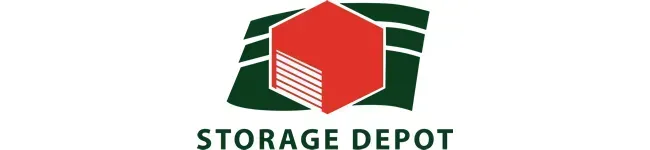 A red hexagon logo featuring a storage door graphic over a dark green wavy background with the text STORAGE DEPOT below.