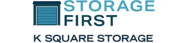 Logo for Storage First, featuring a teal storage unit icon above the brand name and the text K Square Storage.