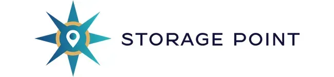 Logo for Storage Point featuring a blue and gold compass star icon with a location pin in the center next to the text.