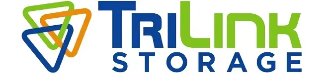 Logo for TriLink Storage featuring three interlocking triangles in green, orange, and blue, with blue and green text.