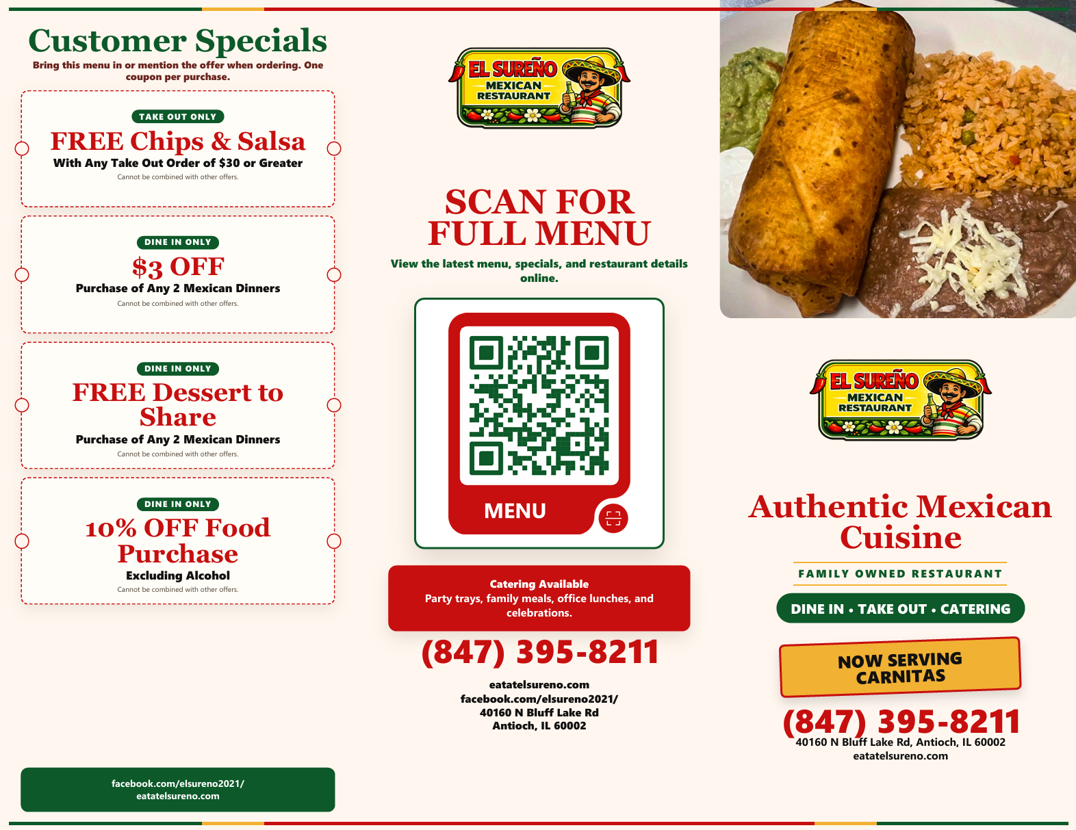 El Sureño tri-fold to-go menu page 1