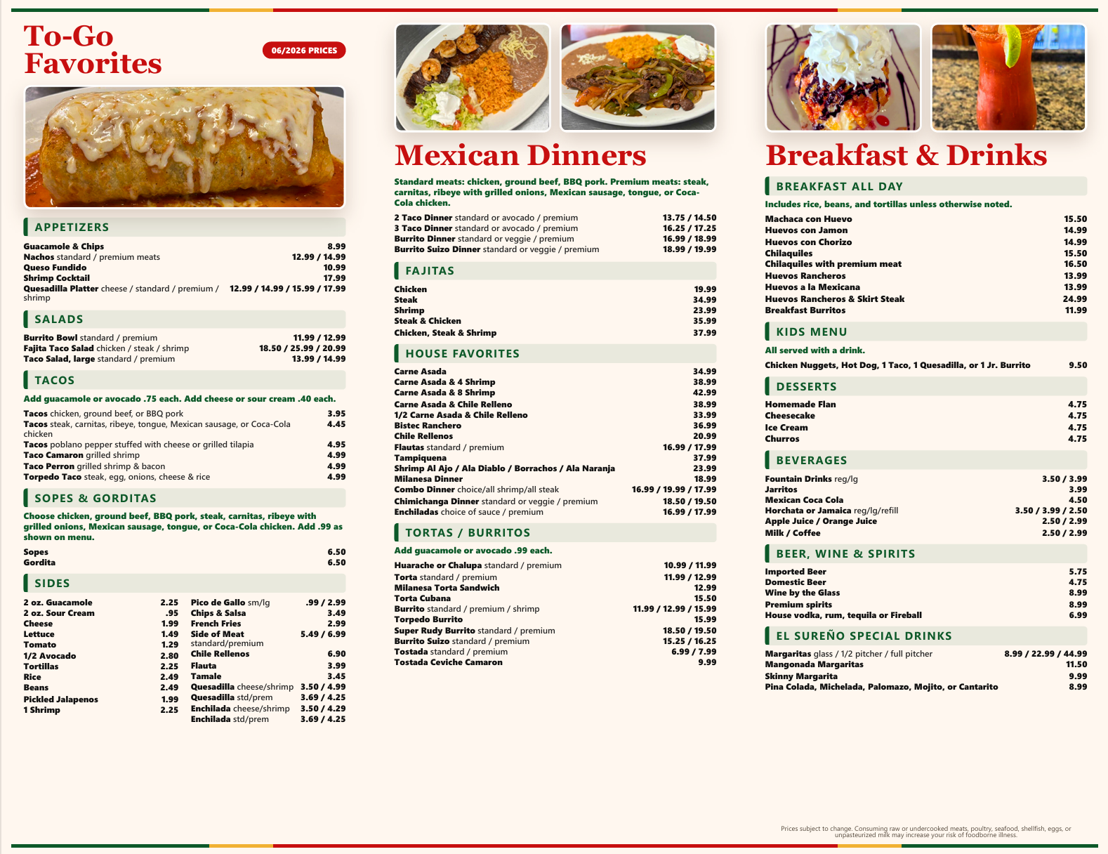 El Sureño tri-fold to-go menu page 2