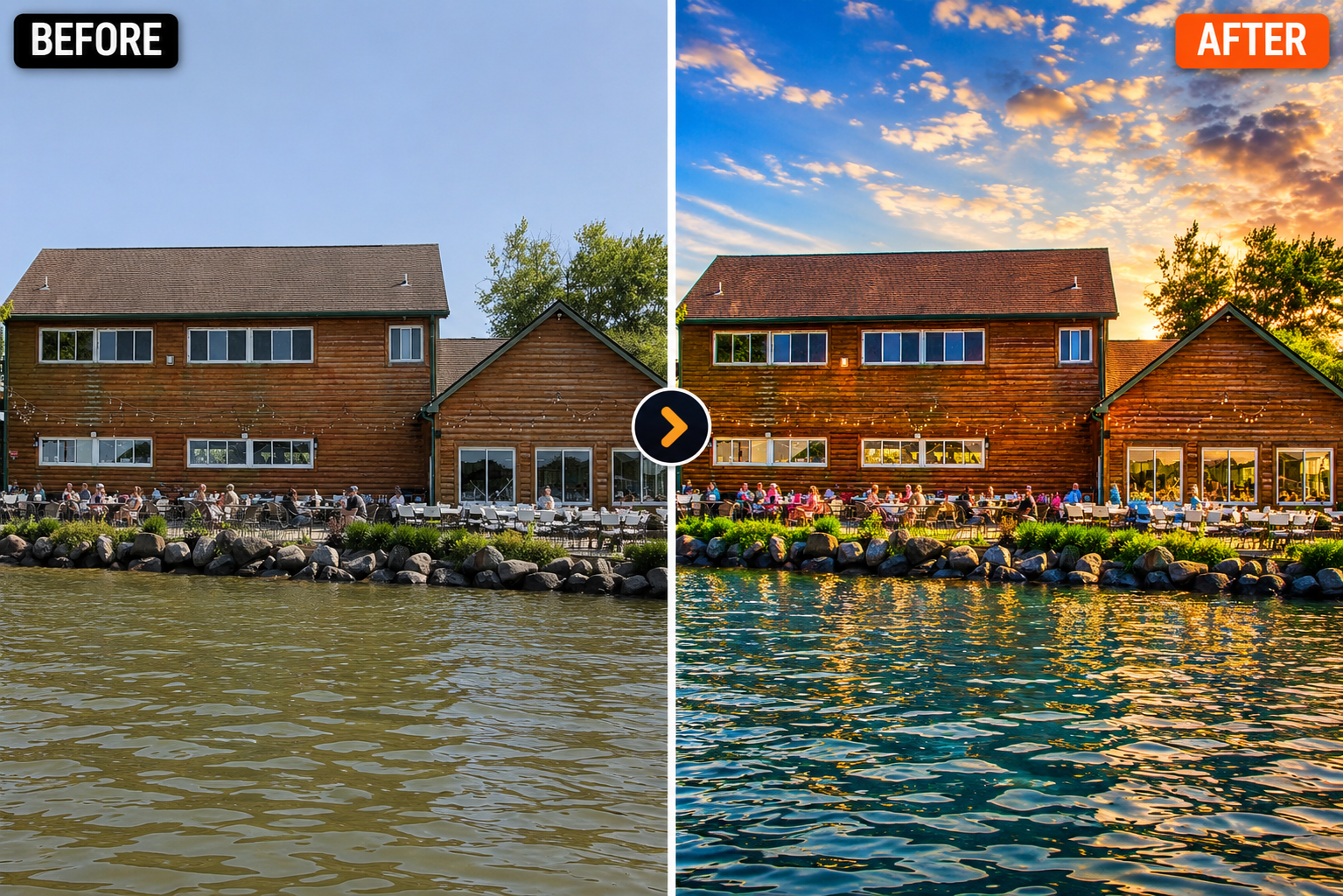 Exterior venue photo before and after transformation