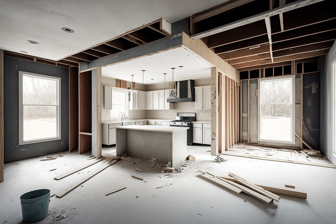 Kitchen under renovation, exposed framing, drywall, and debris. Bright, with a partially visible kitchen.