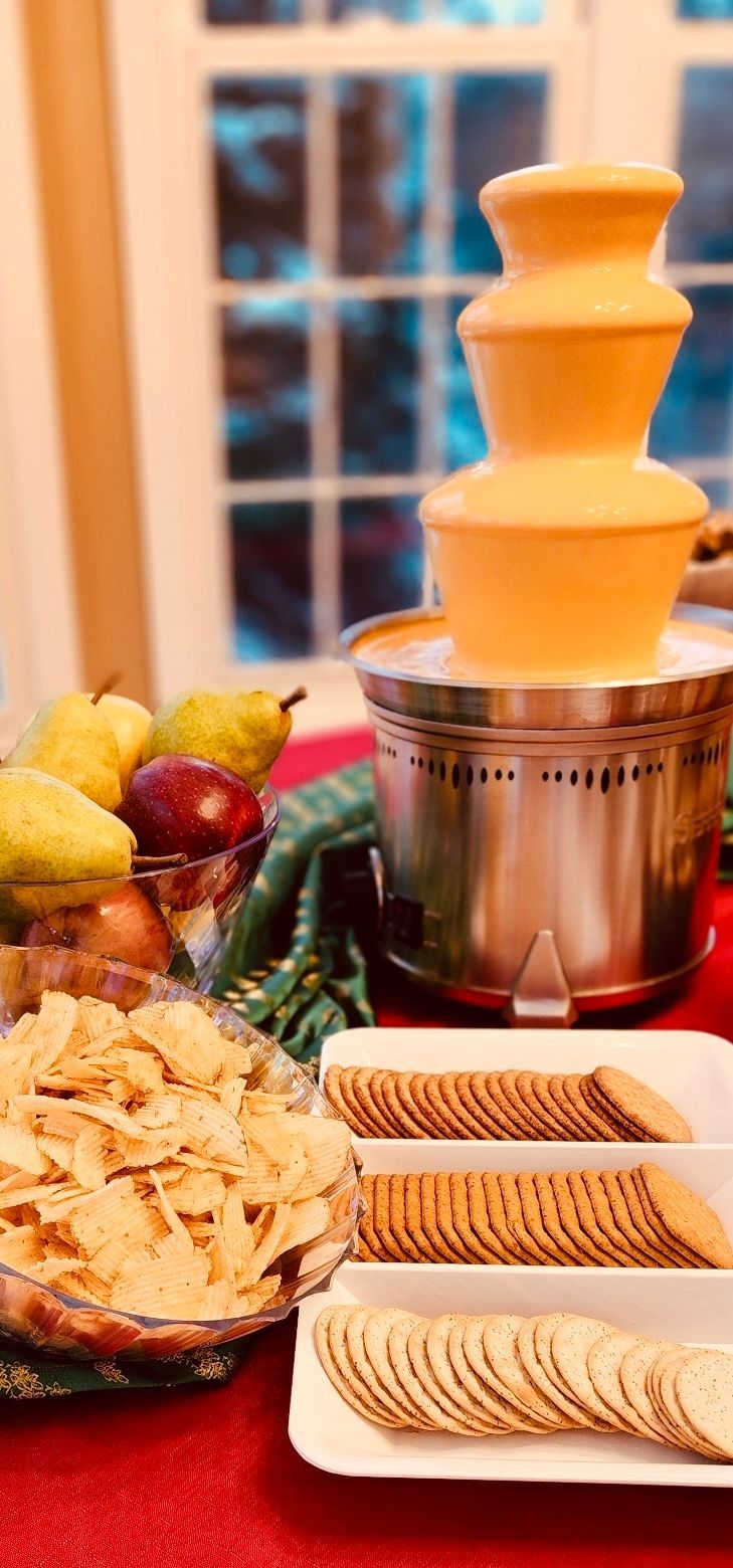 A cheese fountain with crackers and fruit on a table.