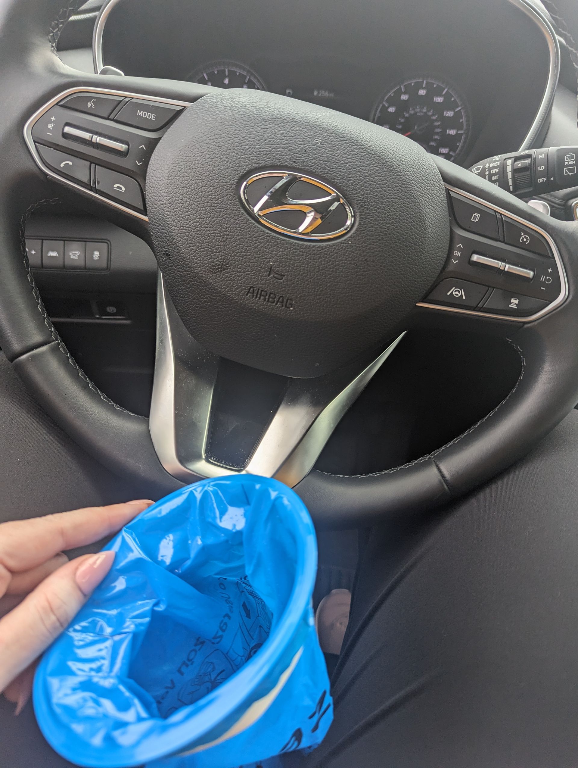 image of therapist holding a puke bag while driving