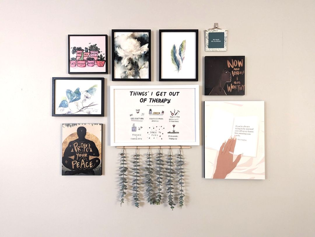 Image of wall photos with a center photo titled 'Things I get out of Therapy'