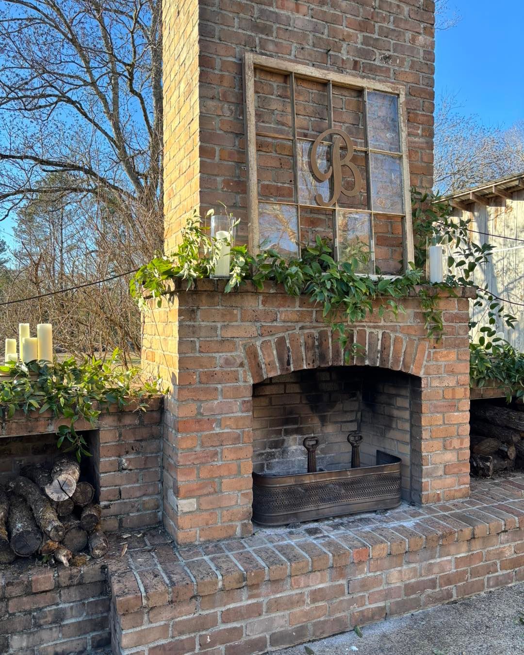 antique window on fireplace mantle wedding decoration