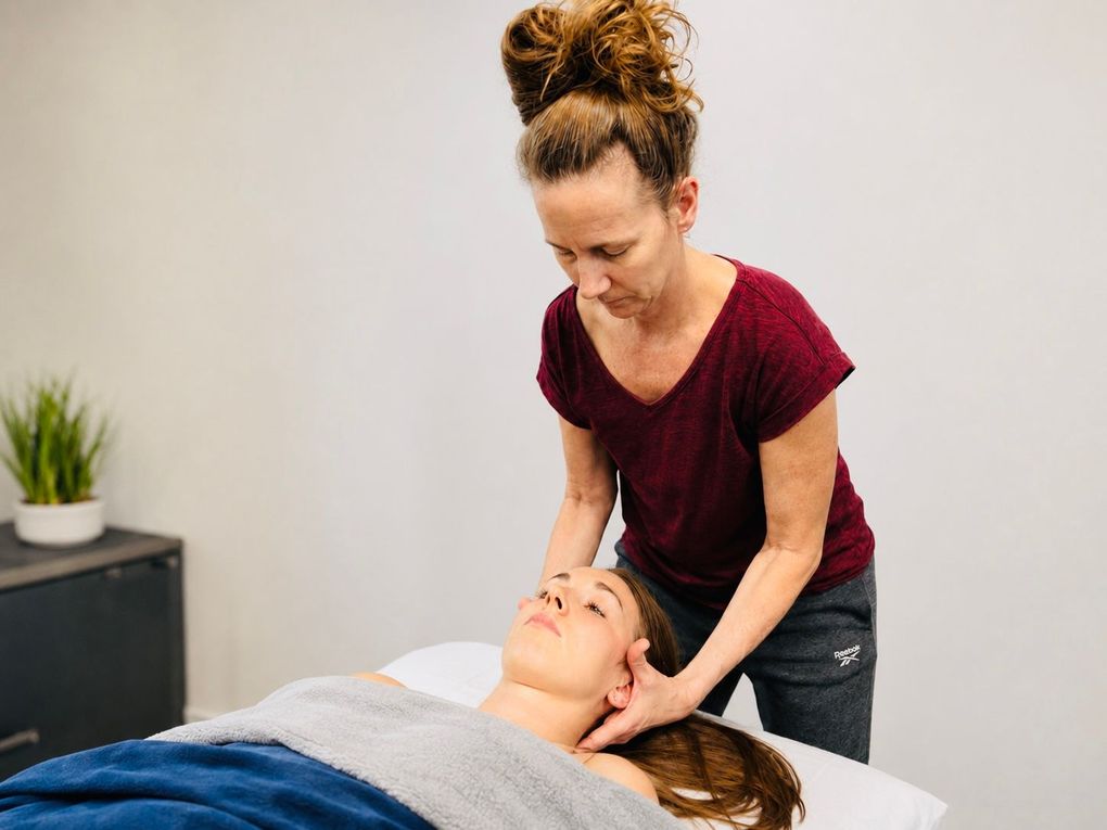 Joi providing gentle neck-focused orthopedic massage to a client.