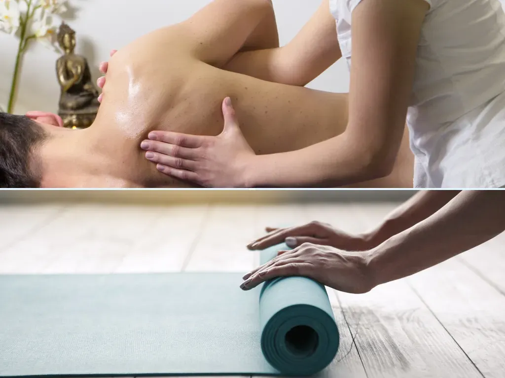 Top: Someone receiving a massage. Bottom: Hands rolling up a yoga mat.