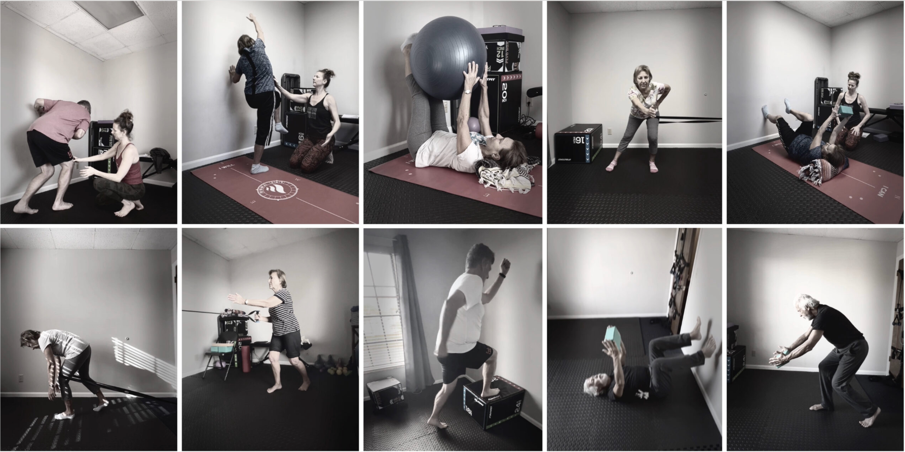 People exercising in a gym, performing various movements, with equipment like a ball and resistance bands.