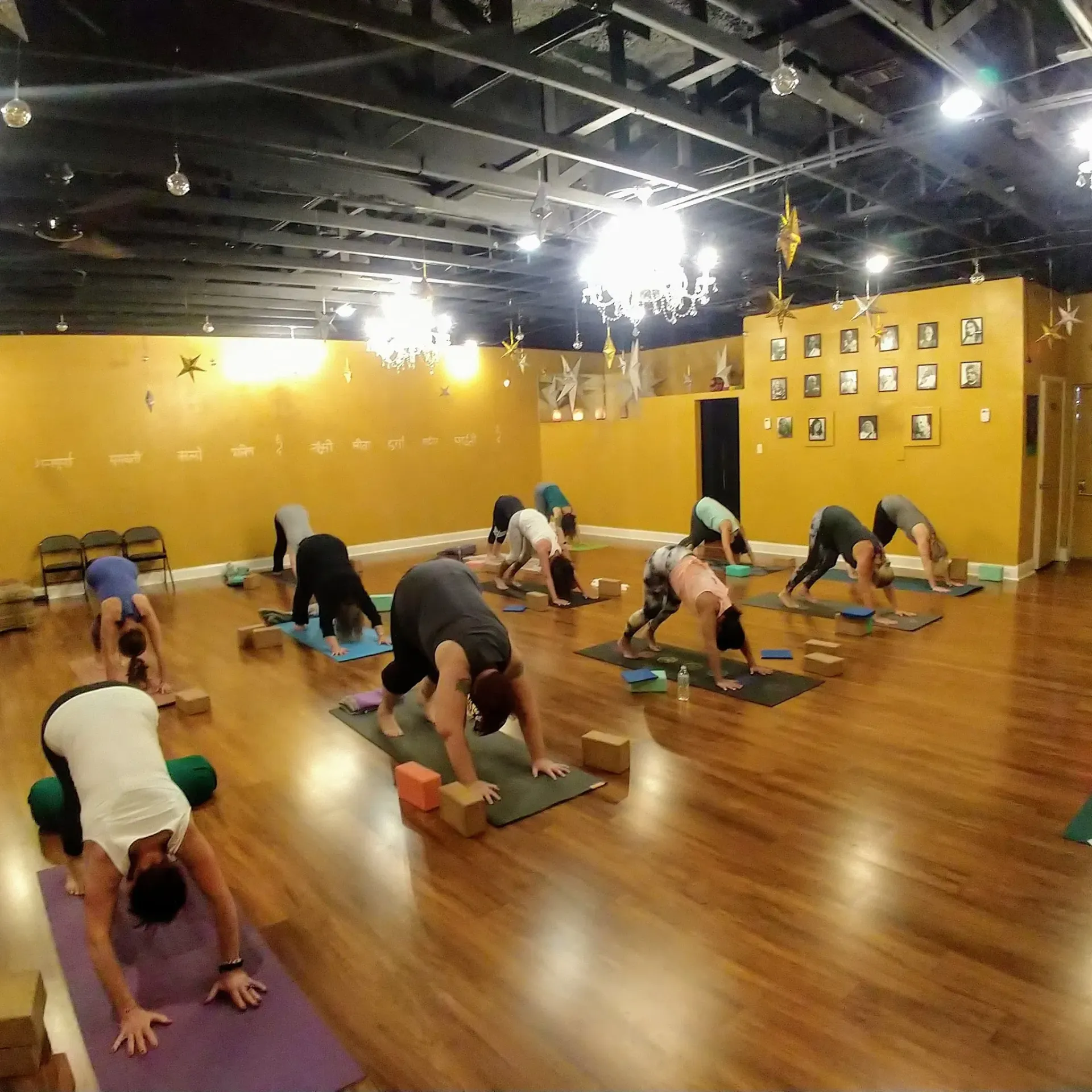 People in a yoga class perform downward-facing dog pose on mats in a studio with yellow walls and wood floor.
