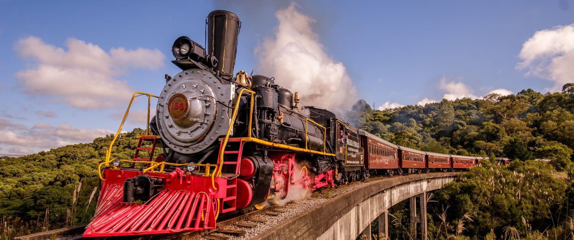 Um trem a vapor está passando por uma ponte na floresta.- Pousada Santo Antônio