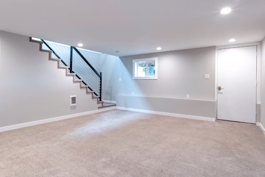 Finished basement with stairs, door, window, and neutral carpet and walls.