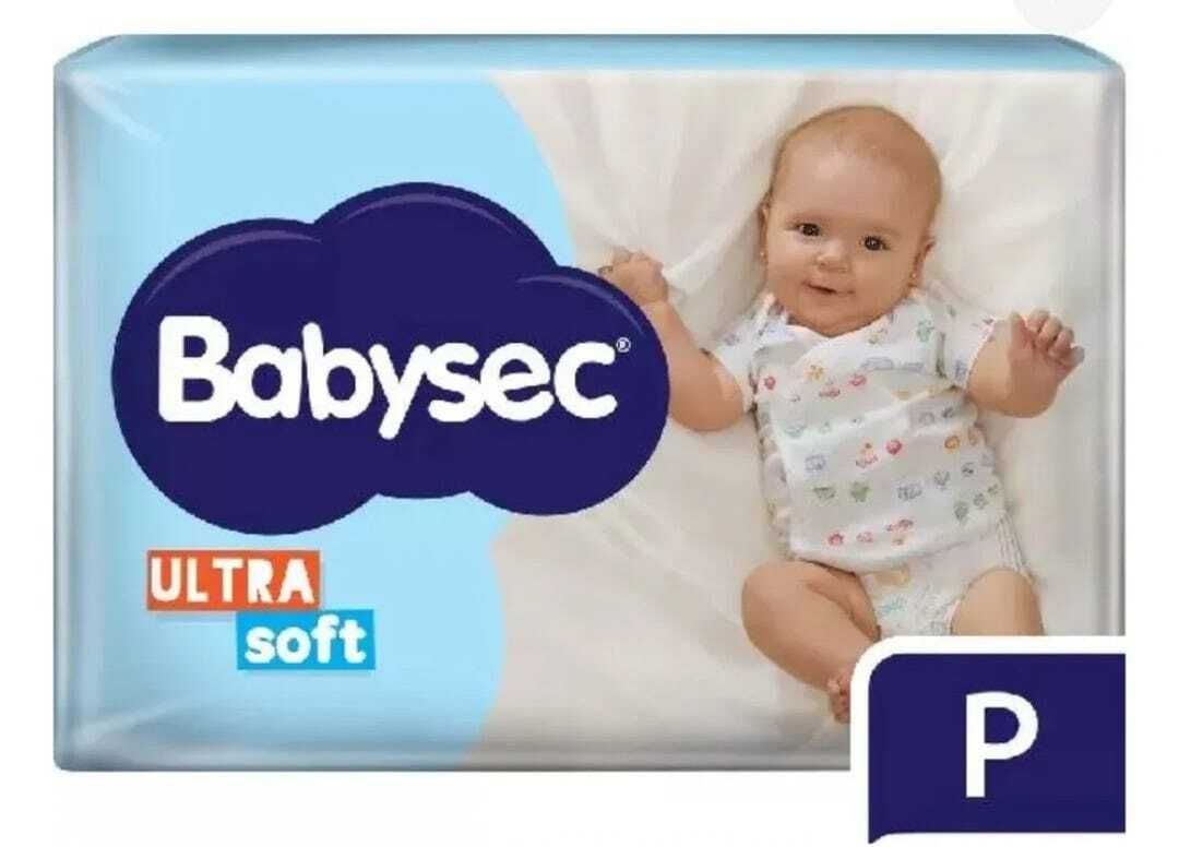 Pack de pañales Babysec Ultra Soft con un bebé en una cuna, embalaje de color azul y blanco.