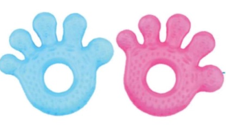 Mordedores para bebé en forma de mano de color azul y rosa con un agujero en el centro.
