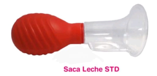Sacaleches manual con pera roja y brida transparente.