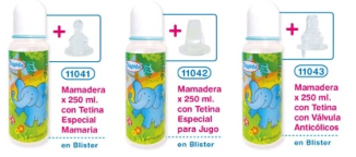 Tres biberones, cada uno con una tetina diferente, etiquetados con información del producto y un signo más que indica una tetina adicional.