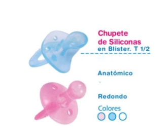 Chupetes de silicona azul y rosa. El texto describe formas y colores.