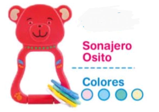 Sonajero rojo con forma de oso y aros de colores. Texto: "Sonajero Osito" y opciones de color.