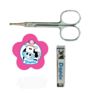 Set de cuidado de uñas para bebé con tijeras, cortaúñas y una tarjeta con forma de flor con temática de vaca.