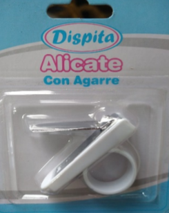 Un cortaúñas blanco con empuñadura de anilla en un embalaje etiquetado "Dispita Alicate".